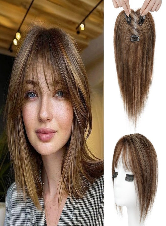 REECHO Hair Toppers for Women Real Human Hair, Seamless Human Hair Toppers with Bangs, 360° 3D Cover Clip in Bangs Hair Extensions for Daily Wear, Medium Brown with Highlights - Image 1